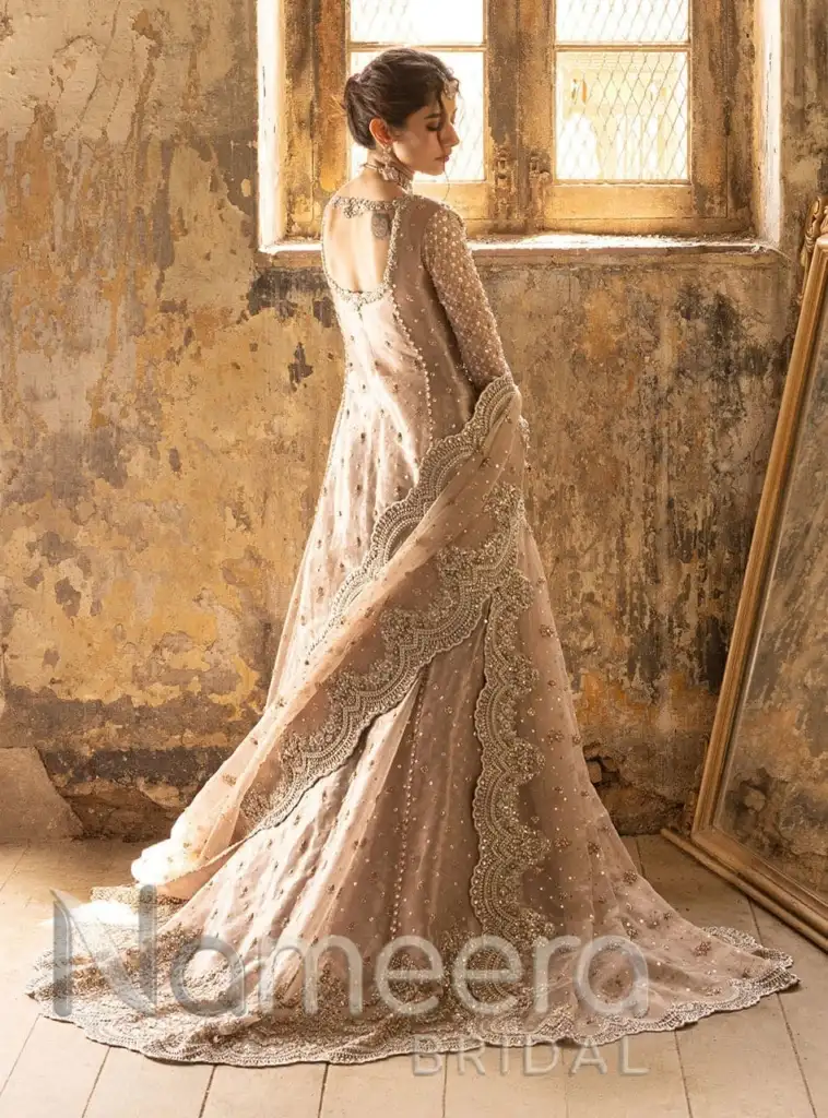 Pakistani Bridal Gold Pishwas Frock Lehenga