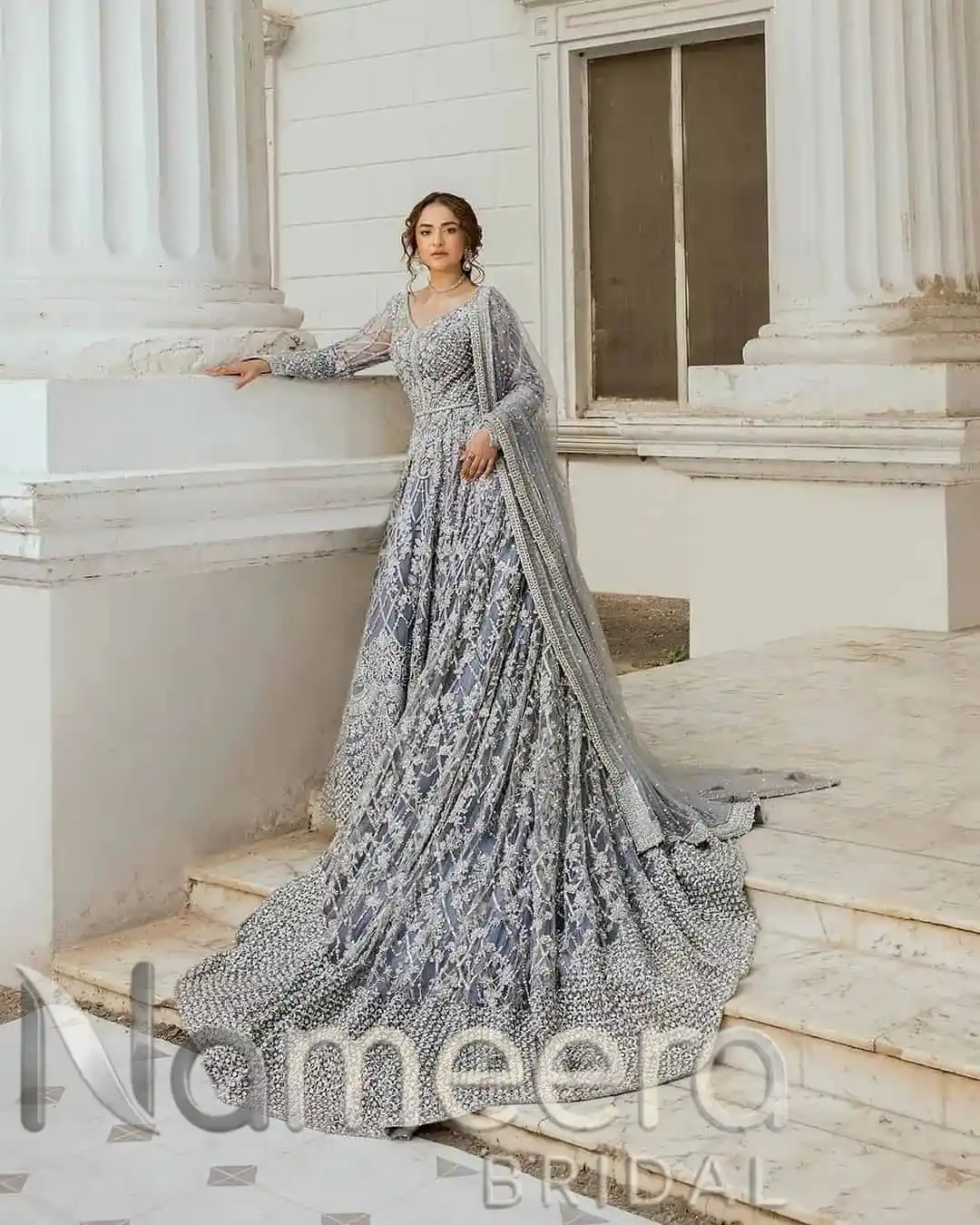 Latest Pakistani Bridal Ice Blue Maxi