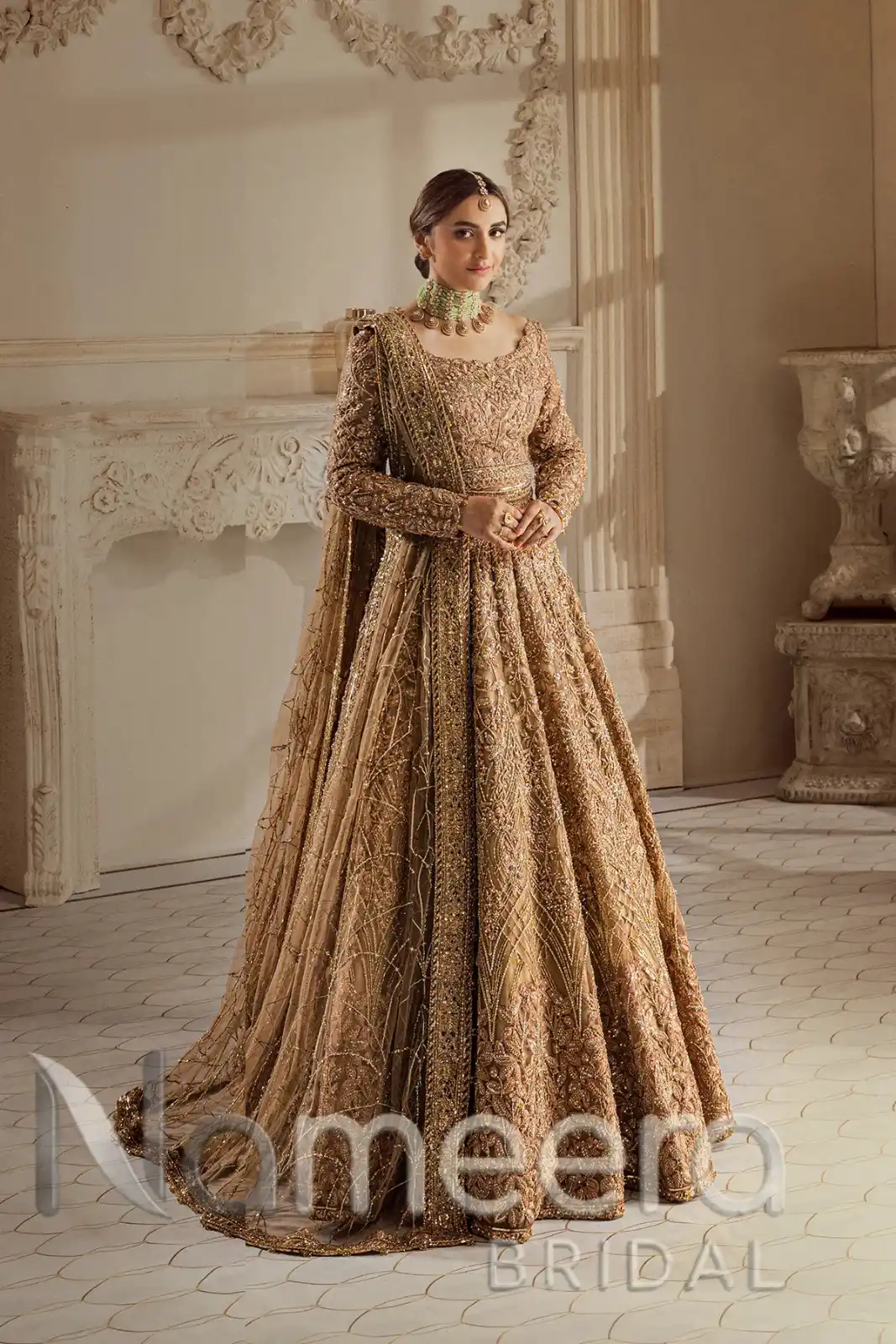 Pakistani Bridal Champagne Gold Lehenga Choli