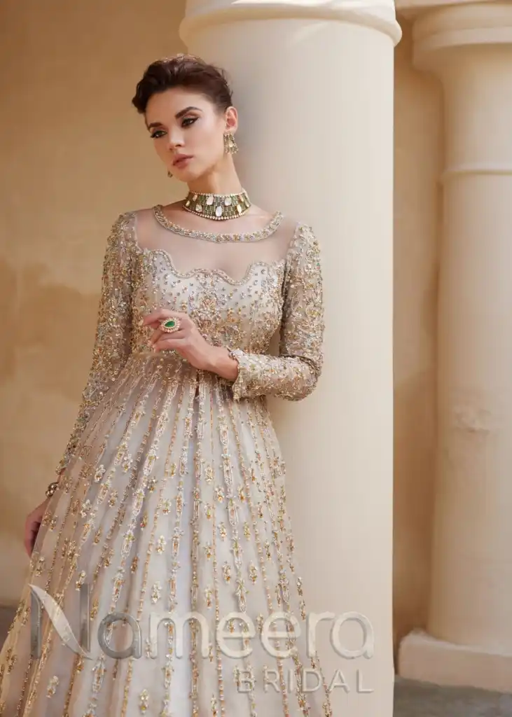 Elegant Pakistani Ivory Bridal Gown with Lehenga