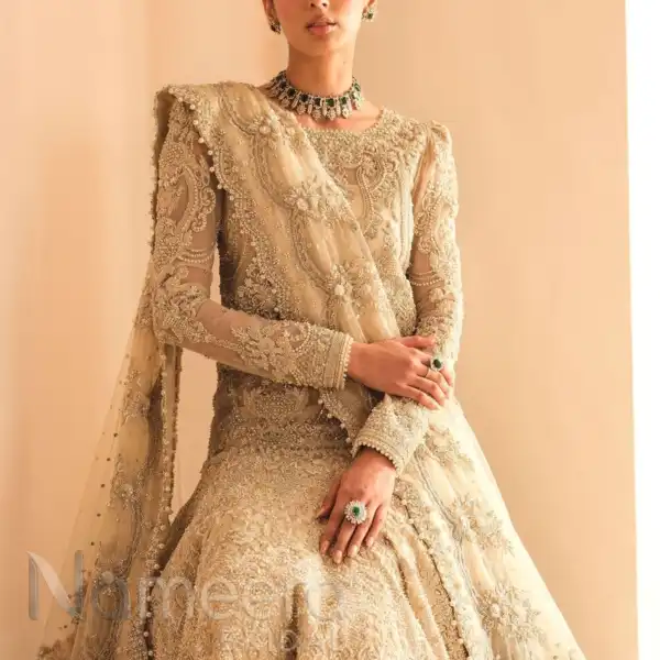 Ivory Pearl Pakistani Bridal Short Shirt Lehenga Style