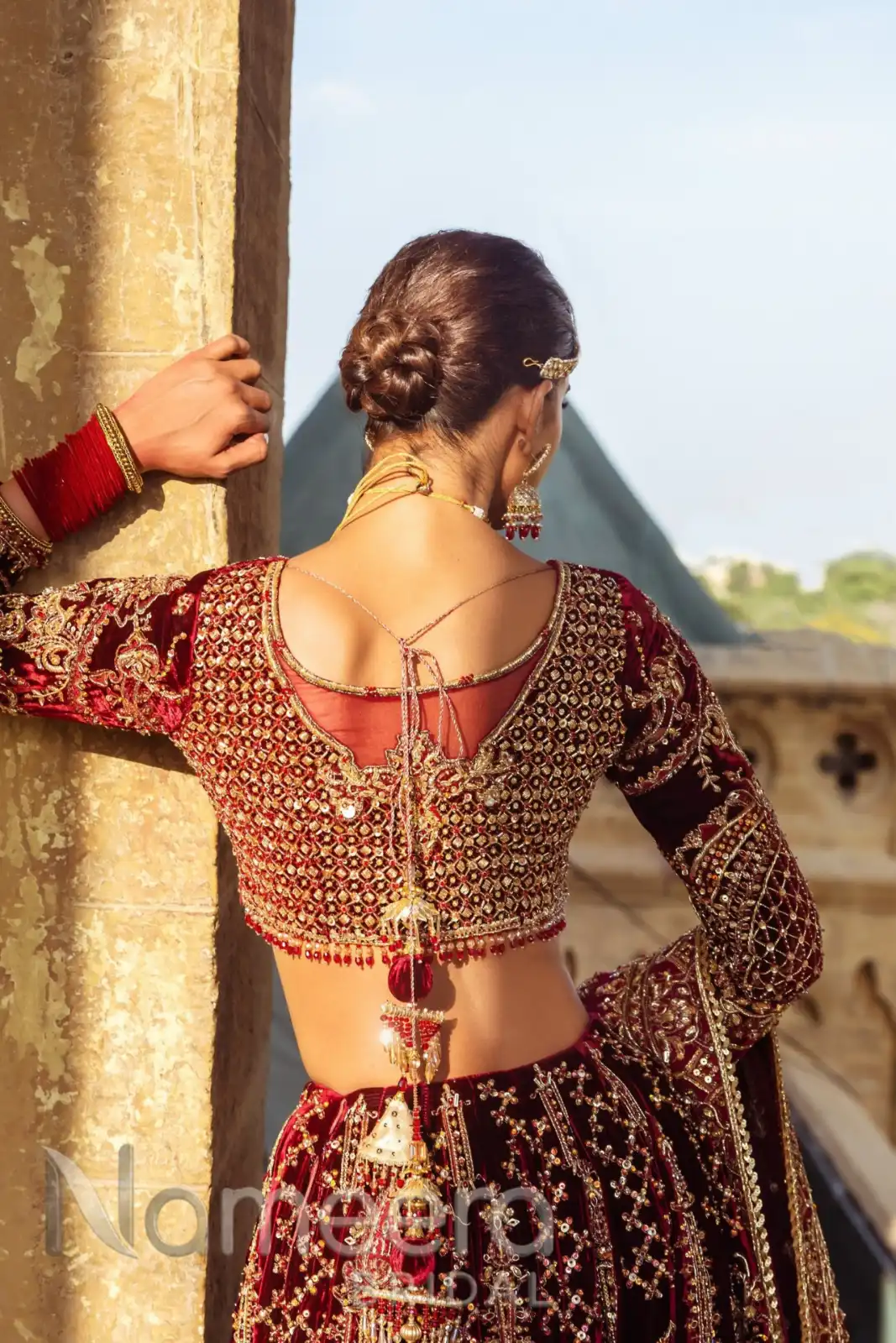 Maroon Pakistani Bridal Lehenga Choli with Embellishments