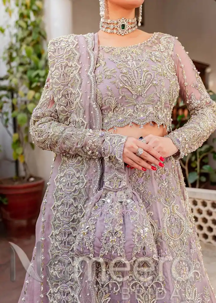 Pakistani Bridal Shirt Lehenga In Lilac Color