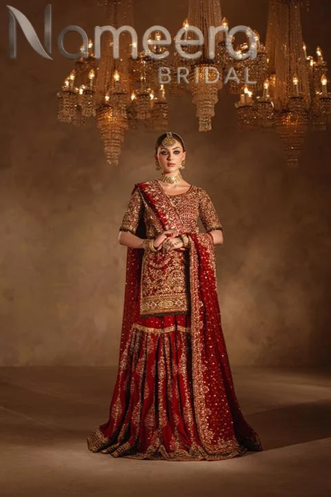 Pakistani Bridal Red Gold Shirt Gharara