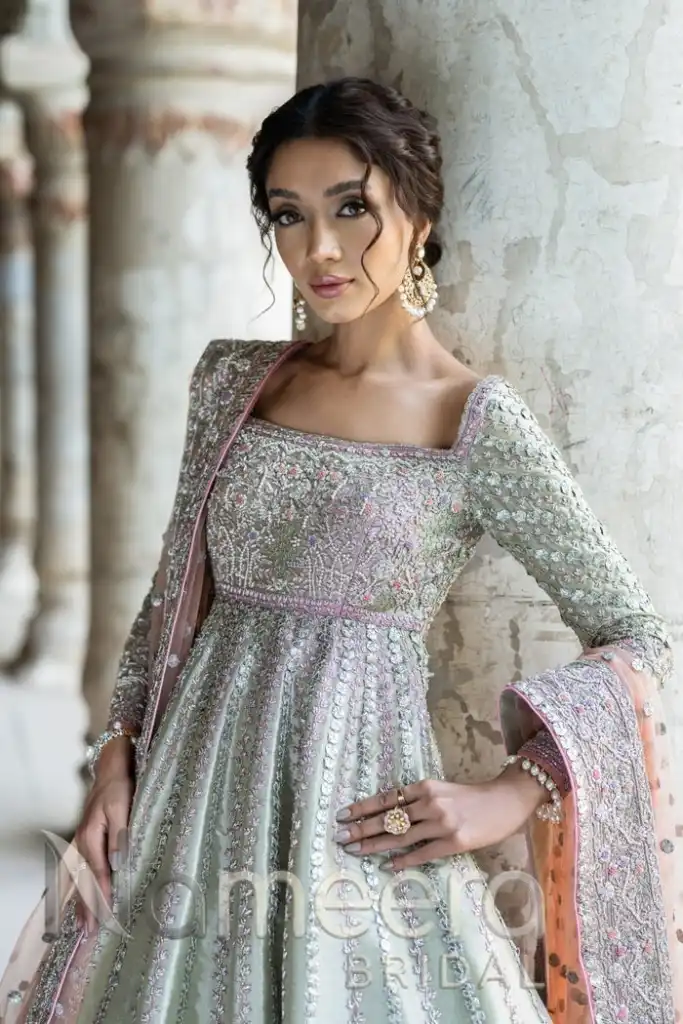 Pakistani Bridal Wear in Pink Green Pishwas Style