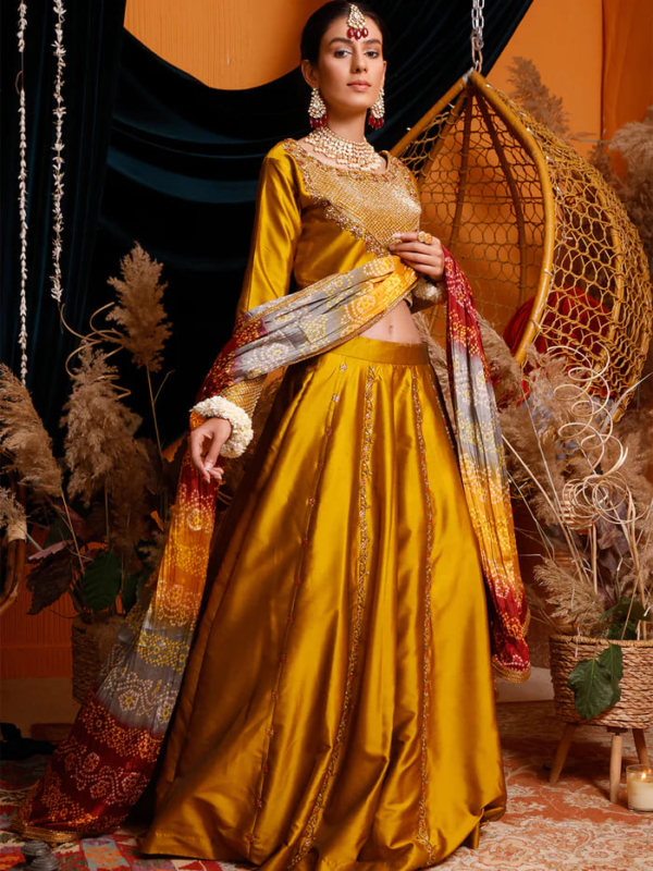 Pakistani Silk Mustard Lehenga Choli Outfit - Image 2