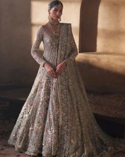 Pakistani Light-Green Embroidered Bridal Lehenga Net Outfit