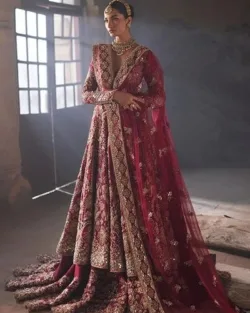 Pakistani Embellished Farshi Raw Silk Lehenga Gown Bridal Dress