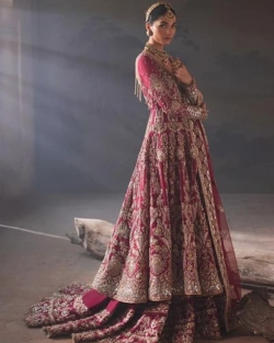 Pakistani Embellished Farshi Raw Silk Lehenga Gown Bridal Dress