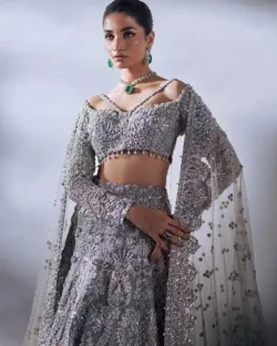 Beautiful Antique Grey Embroidered Pakistani Bridal Lehenga Outfit