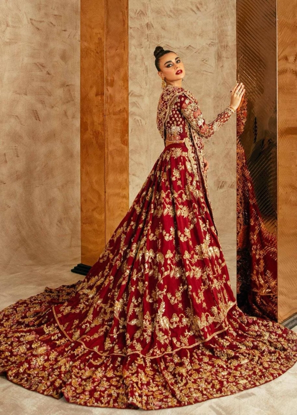 Pakistani Bridal Long Trail Embroidered Rose Red Lehenga Outfit - Image 6