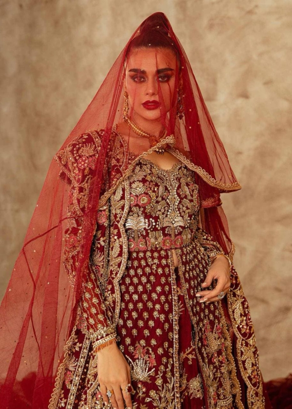 Pakistani Bridal Long Trail Embroidered Rose Red Lehenga Outfit - Image 5