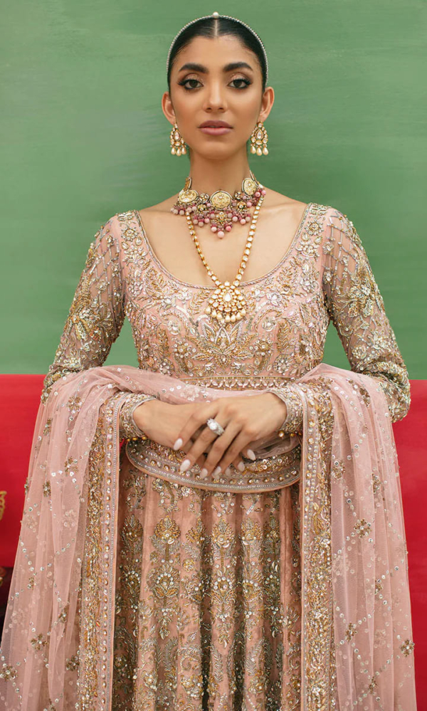 Soft Pink Pakistani Bridal Pishwas Frock - Image 5