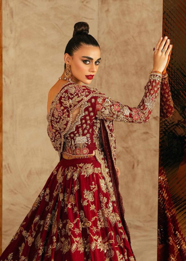 Pakistani Bridal Long Trail Embroidered Rose Red Lehenga Outfit - Image 4