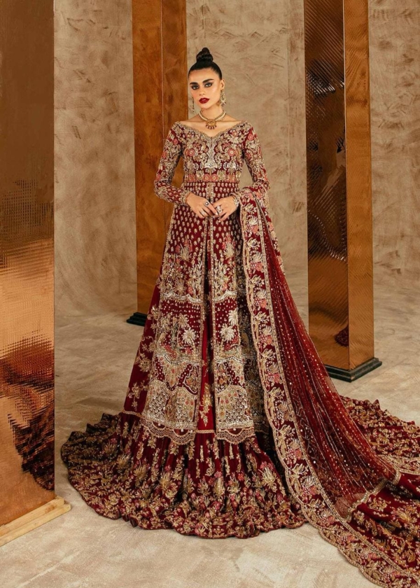 Pakistani Bridal Long Trail Embroidered Rose Red Lehenga Outfit - Image 3