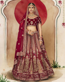 Maroon Velvet Weaved Wedding Lehenga Choli