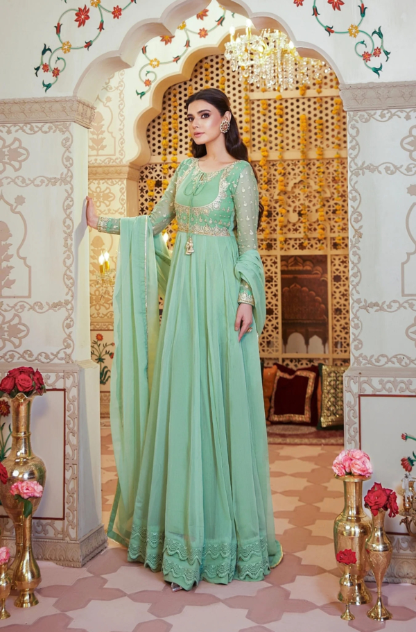 Pakistani Party Embroidered Pistachio Frock Dress - Image 2