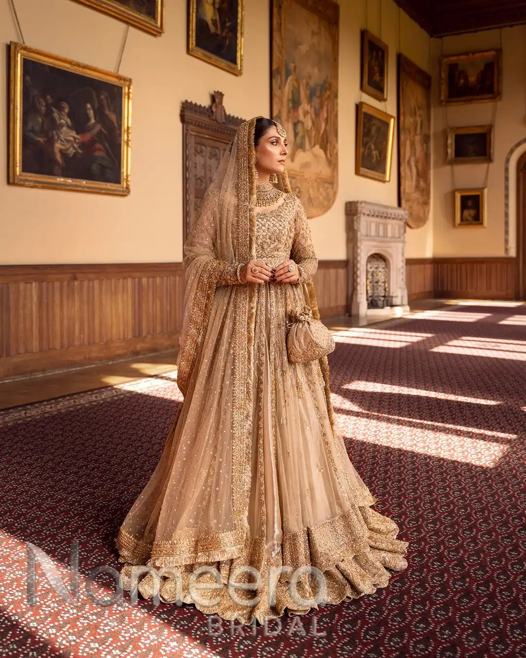 Traditional Gold Bridal Pishwas with Elegant Lehenga