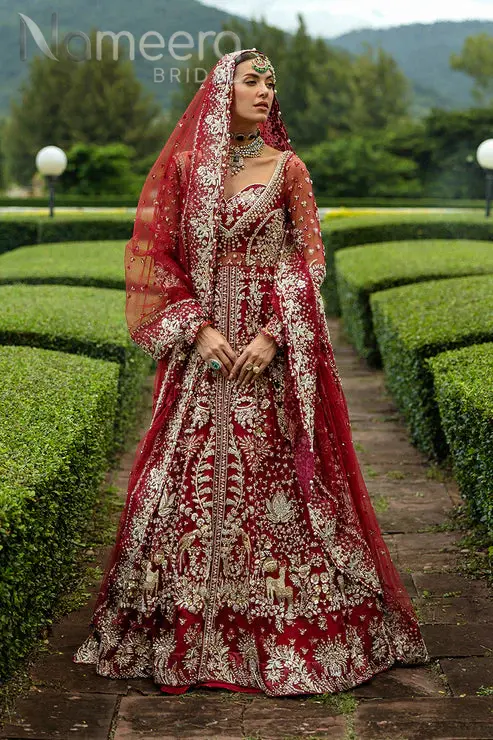Pakistani Bridal Lehenga Shirt in Red