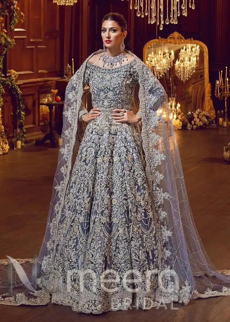 Pakistani Bridal Azure Blue Pishwas Lehenga