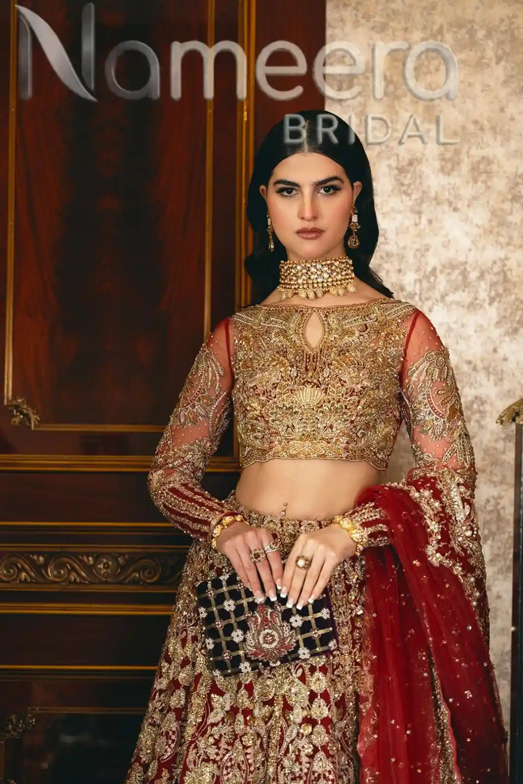 Pakistani Latest Bridal Embellished Red Lehenga