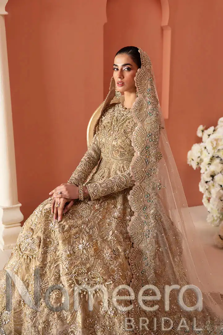 Pakistani Bridal Embellished Gold Pearl Gown