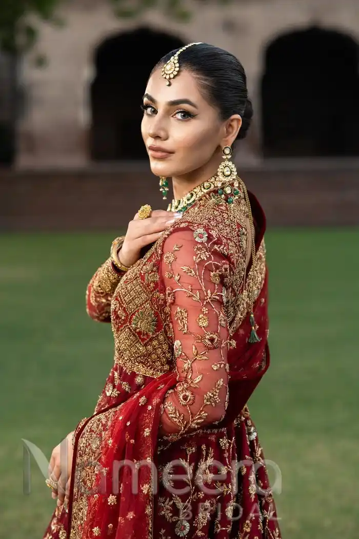 Traditional Pakistani Bridal Maroon Pishwas with Lehenga