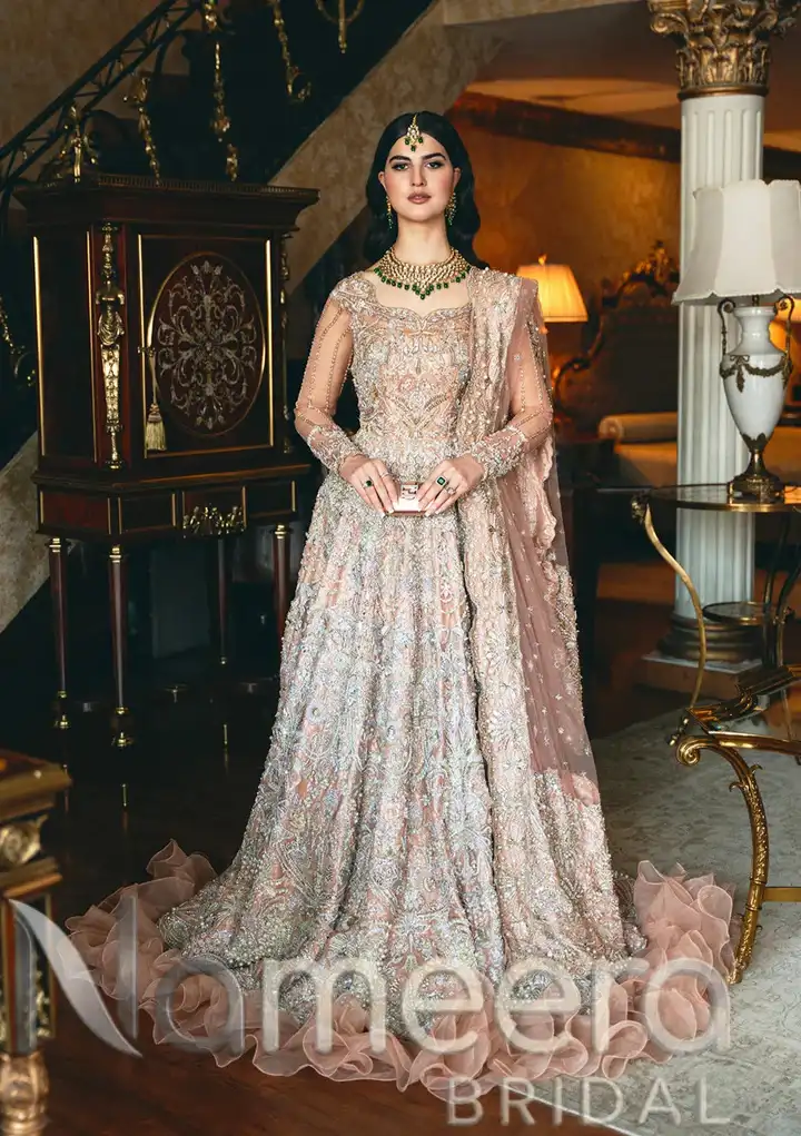 Pakistani Bridal Peach Pink Walima Gown