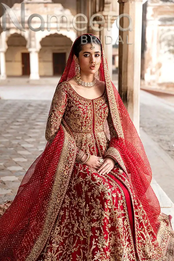 Pakistani Bridal Red Open Pishwas Lehenga