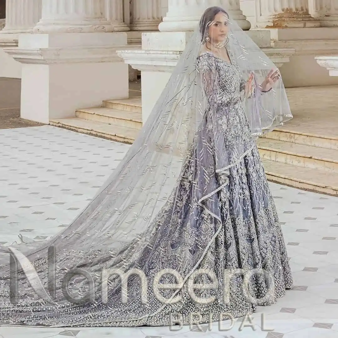 Latest Pakistani Bridal Ice Blue Maxi
