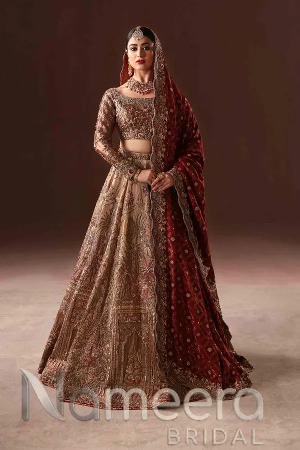 Latest Pakistani Bridal Rust Gold Lehenga Choli