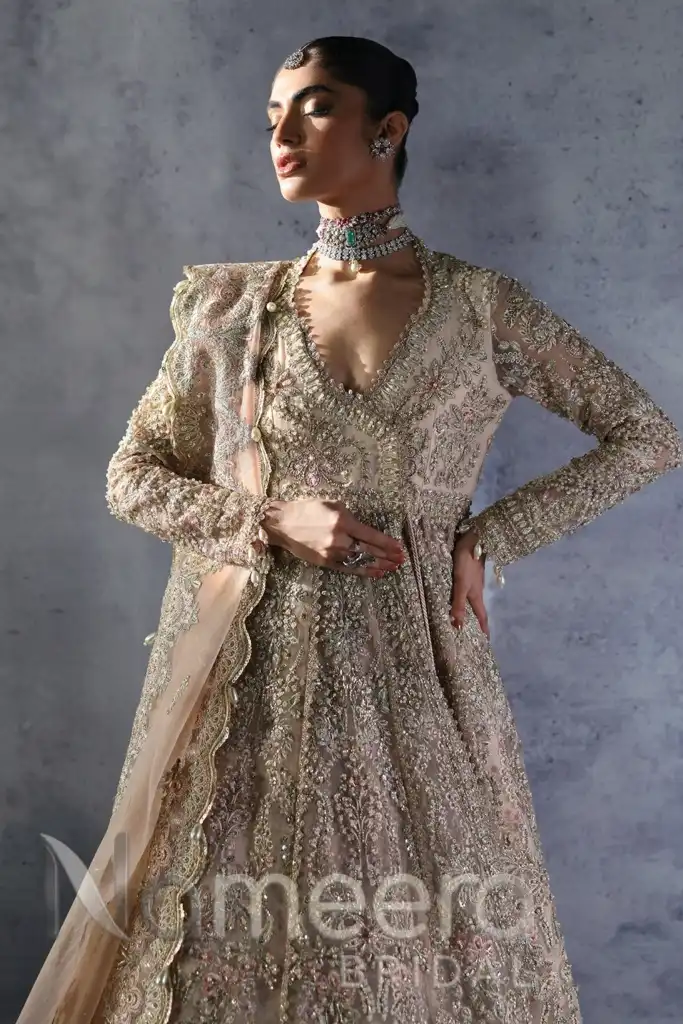 Pakistani Bridal Peach Pink Angrakha Gown with Lehenga