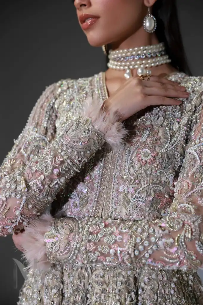 Pakistani Bridal Wear Gown Dupatta in Pink Net