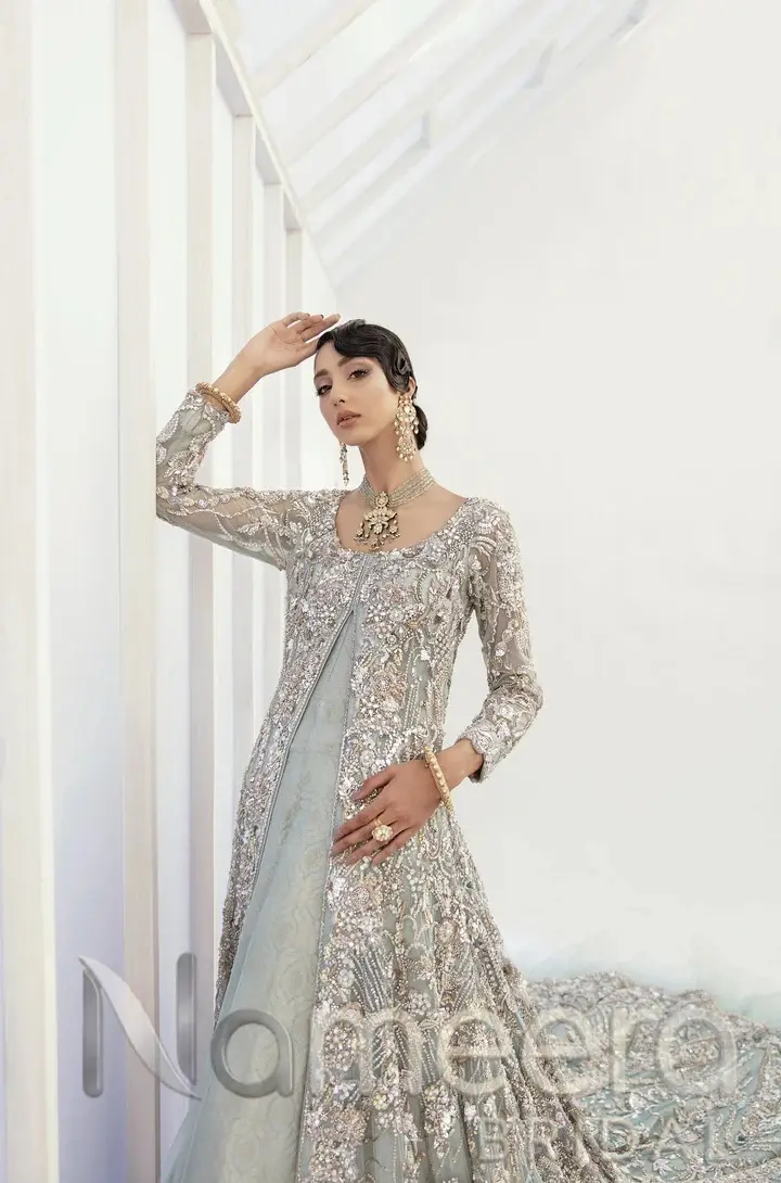 Bridal Ice Blue Lehenga with Open Long Shirt