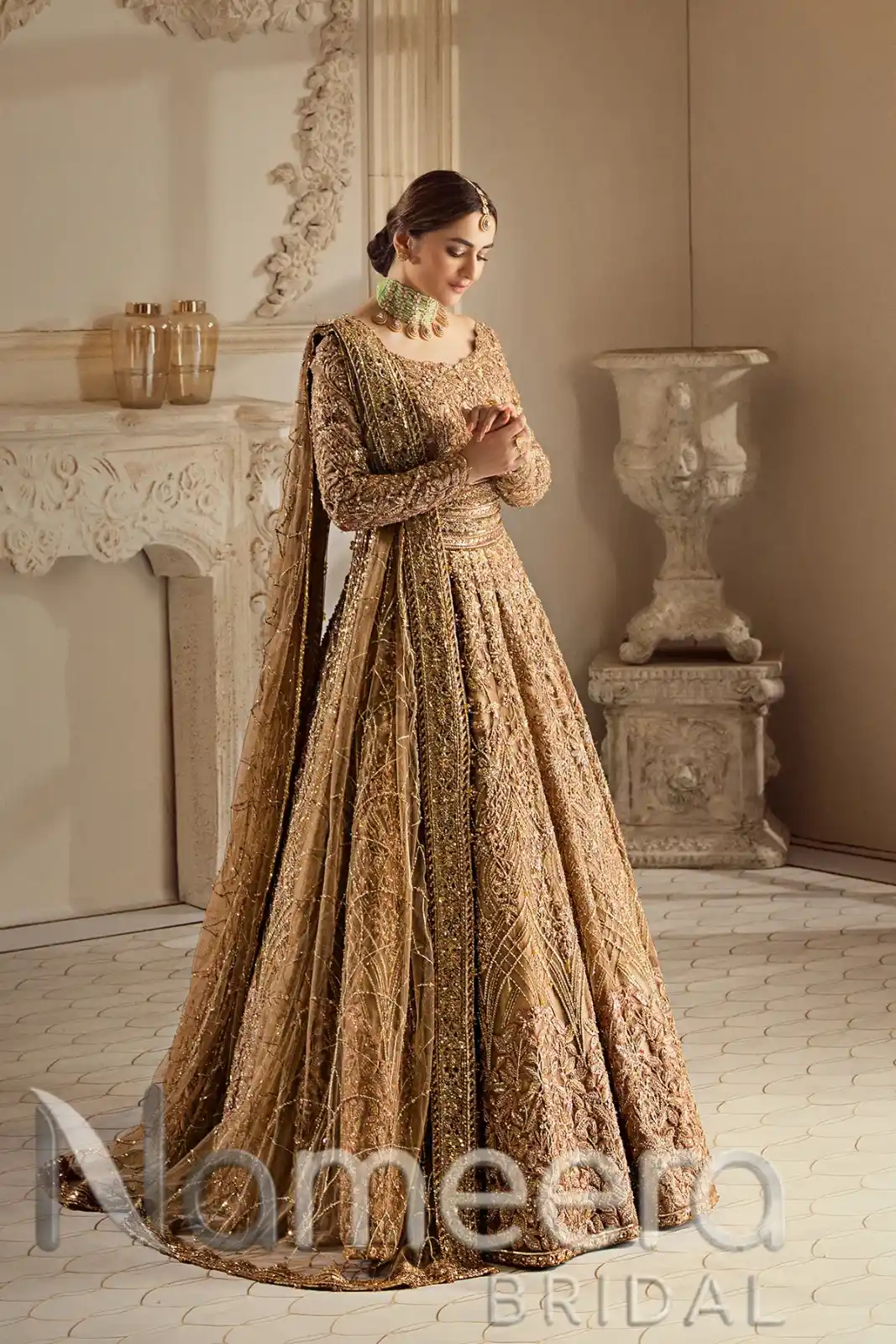 Pakistani Bridal Champagne Gold Lehenga Choli