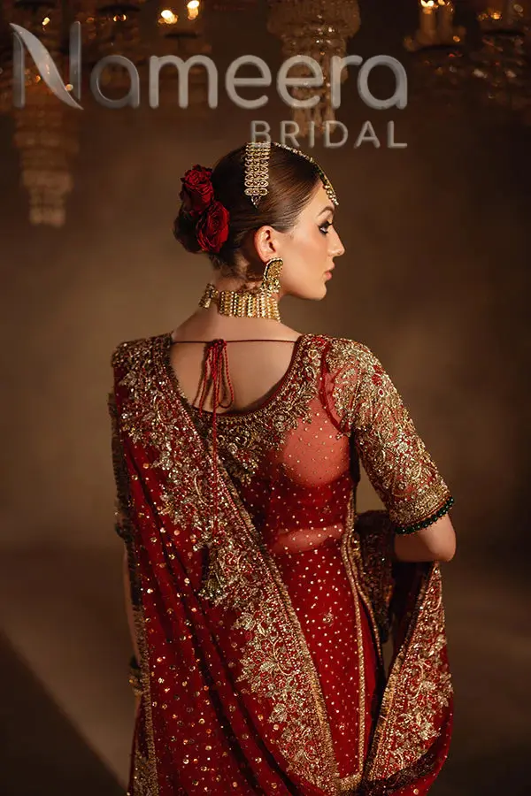 Pakistani Bridal Red Gold Shirt Gharara