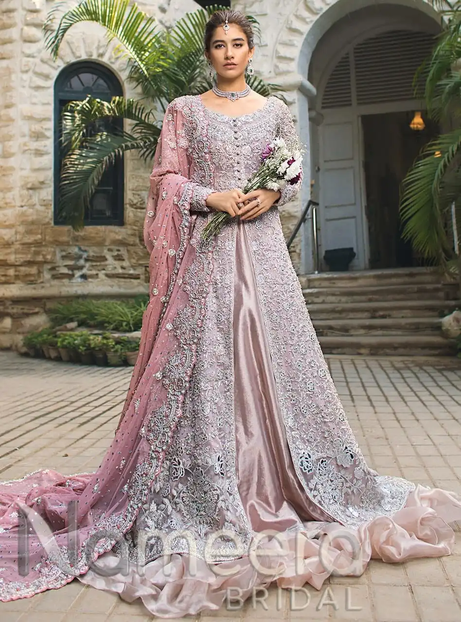 Pakistani Bridal Pink Open Sharara Gown