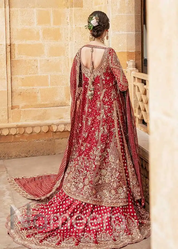 Pakistani Bridal Coral Red Farshi Lehenga