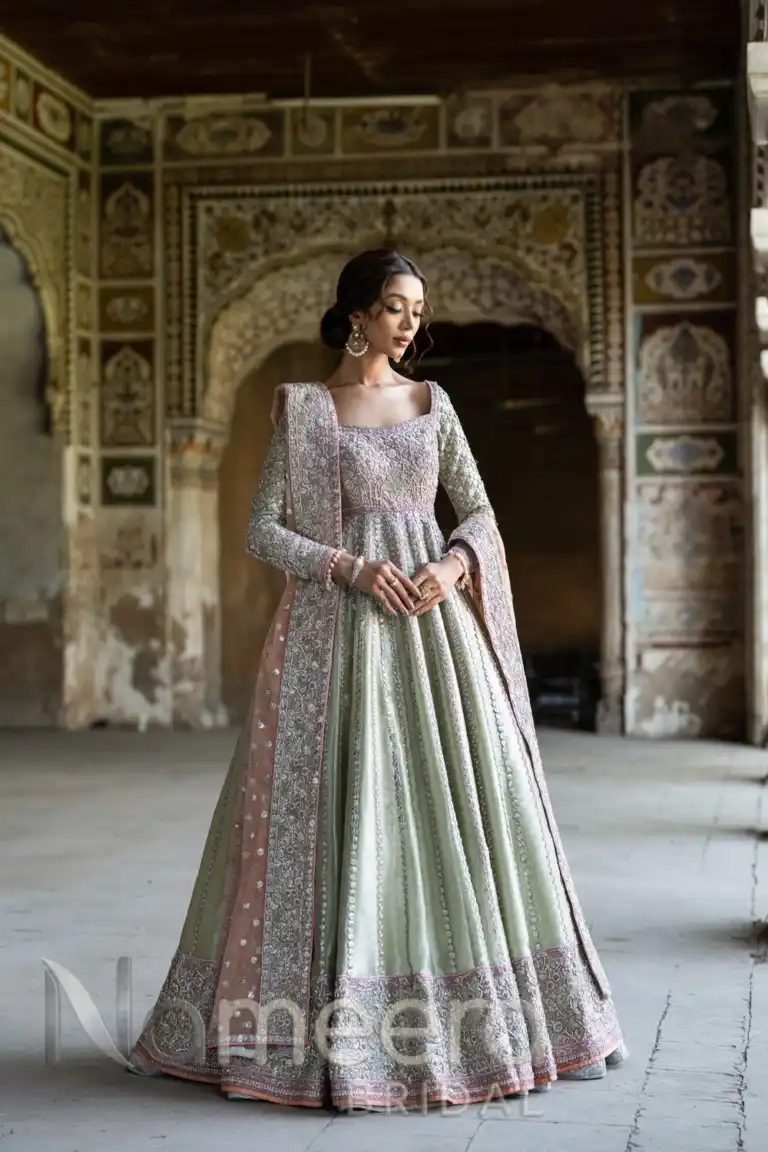 Pakistani Bridal Wear in Pink Green Pishwas Style