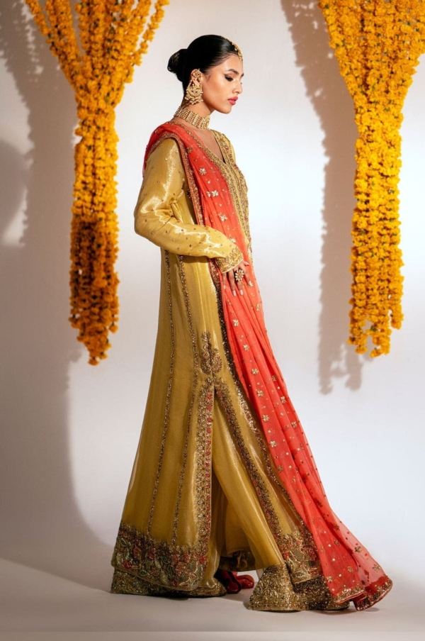 Pakistani Yellow Mehndi Long Shirt Trouser - Image 5