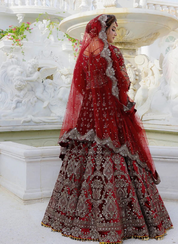 Traditional Indian Bridal Velvet Weighty Zari Lehenga Choli - Image 5