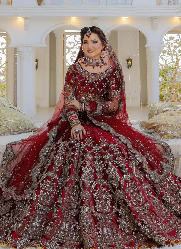 Traditional Indian Bridal Velvet Weighty Zari Lehenga Choli - Image 4