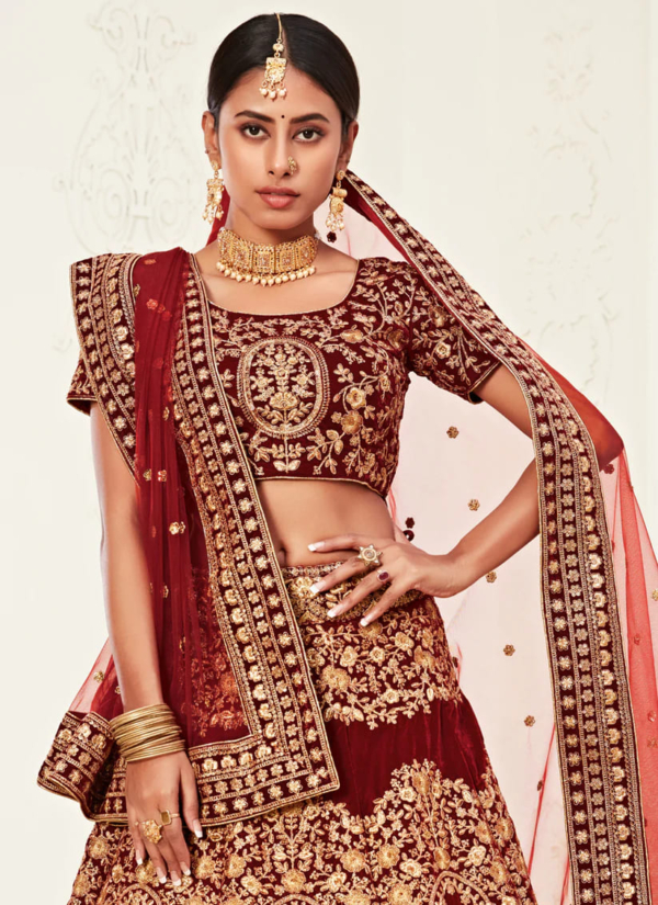 Indian Bridal Red Velvet Lehenga Choli - Image 2