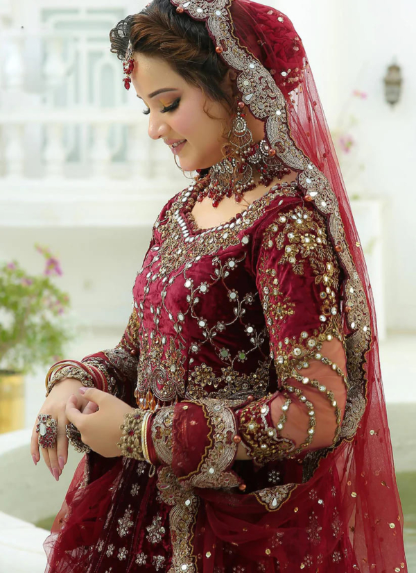 Traditional Indian Bridal Velvet Weighty Zari Lehenga Choli - Image 3