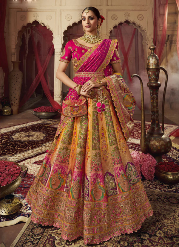 Indian Bridal Multicolor Banarasi Silk Lehenga - Image 4