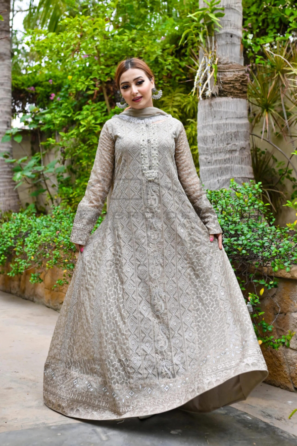 Pakistani Party Grey Embroidered Long Maxi - Image 2