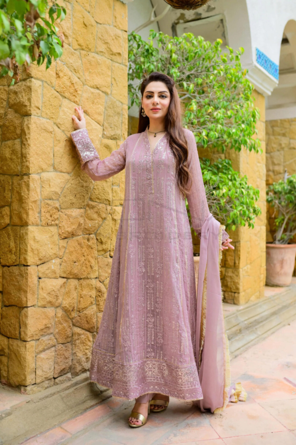 Lilac Pakistani Party Wear Pishwas Frock - Image 4