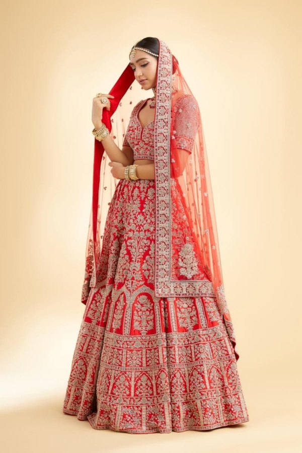 Raw Silk Lehenga in Vermillion Red - Image 3