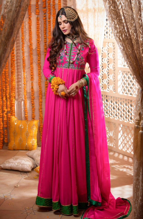 Pakistani Embellished Pink Kalidar Party Outfit - Image 2