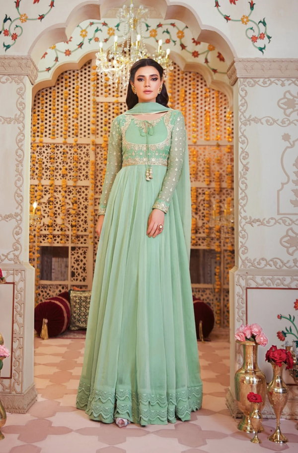 Pakistani Party Embroidered Pistachio Frock Dress - Image 3